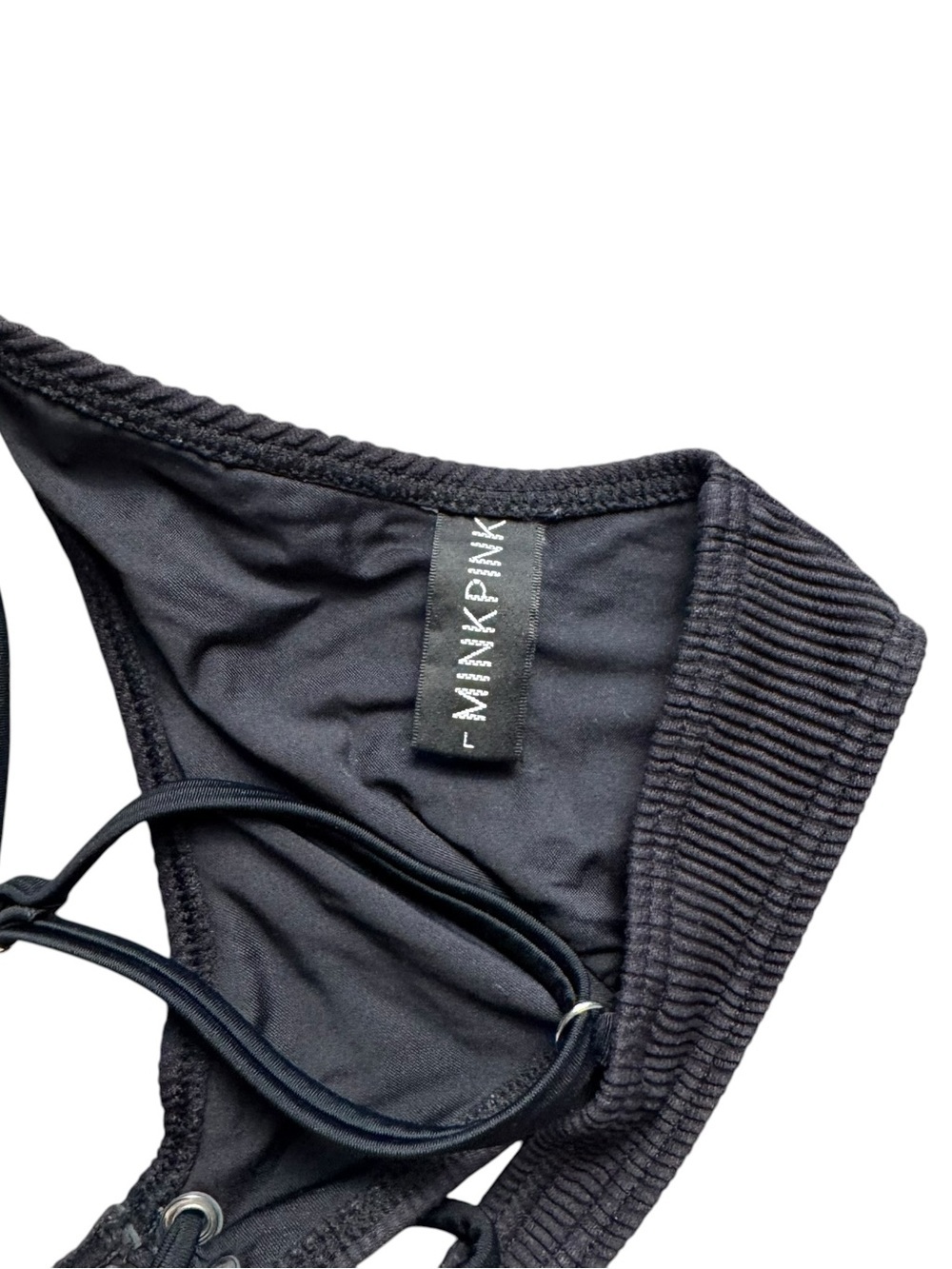 MINKPINK Kylie Black Ribbed Triangle Bikini Top with Front Tie Size L - Picture 5 of 6